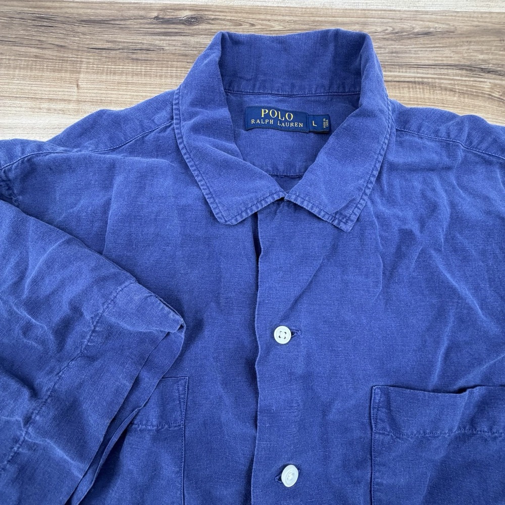POLO Ralph Lauren Linen Silk Button Shirt Mens size Large Blue Loop Collar